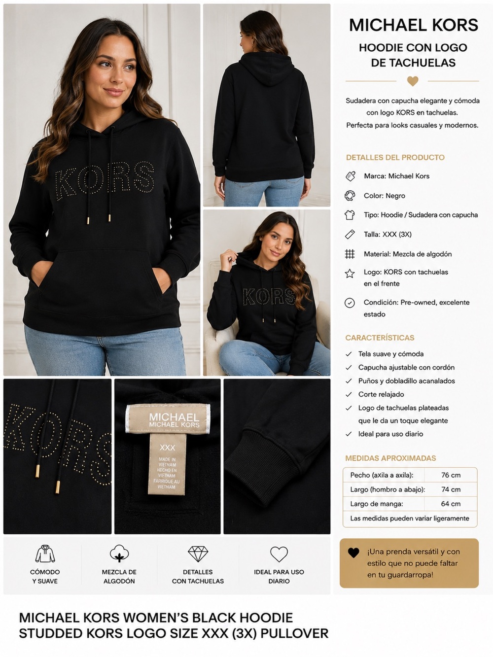 Michael Kors Black Studded KORS Pullover Hoodie
